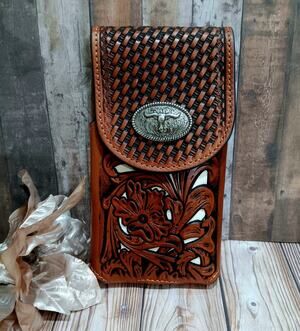 Longhorn Cowboy Belt Loop Phone Holster Lasercut Tan & Beige Sz Large 7x 3.5"